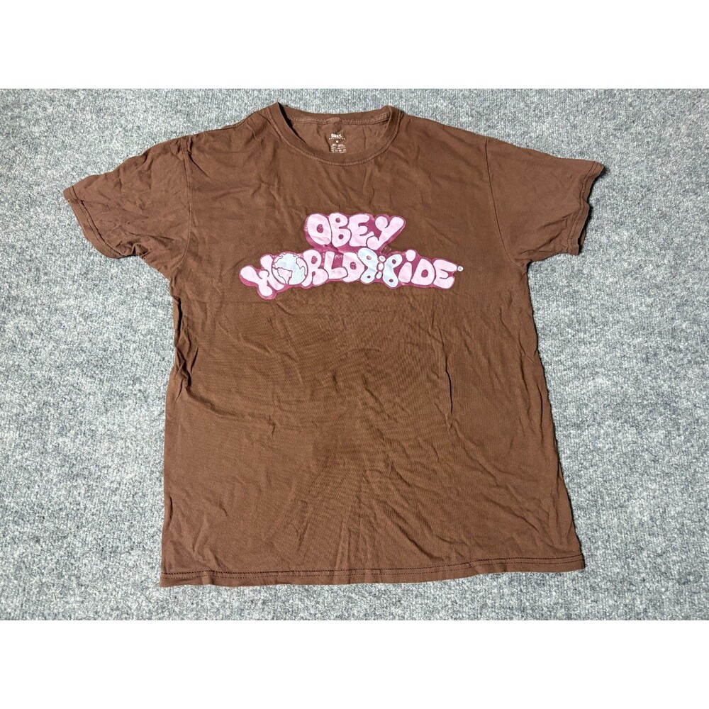Obey Worldwide T Shirt Mens Medium Brown Cotton Spell Out Graphic Hipster